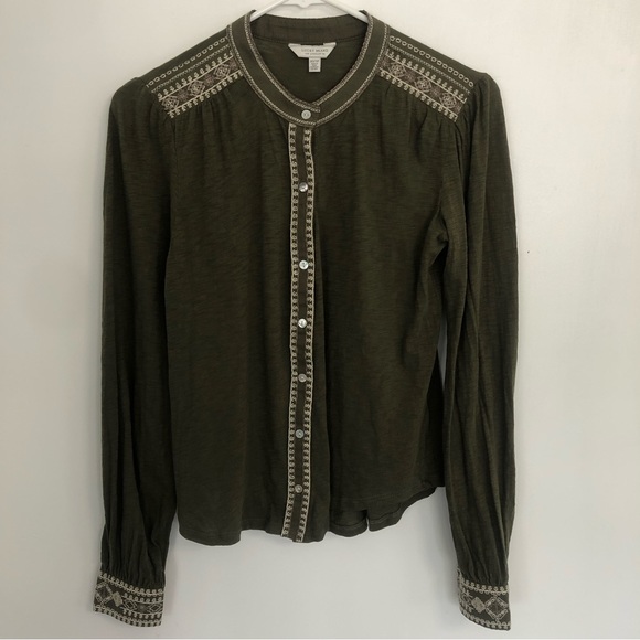 LUCKY BRAND Women Olive Green Embroidery Detail Long Sleeve Blouse Sz XS - Picture 1 of 13